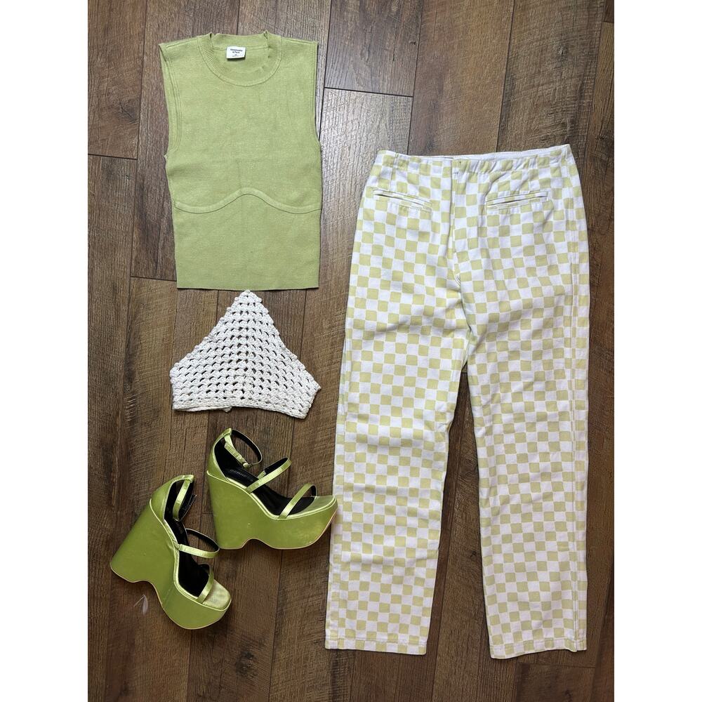 holiday by emma mulholland tappered denim ankle pant lime green checkered